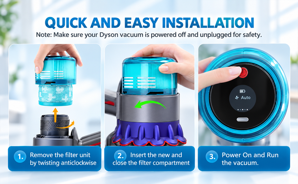 Quick and straightforward installation steps for Bee Filter replacements in Dyson vacuums.