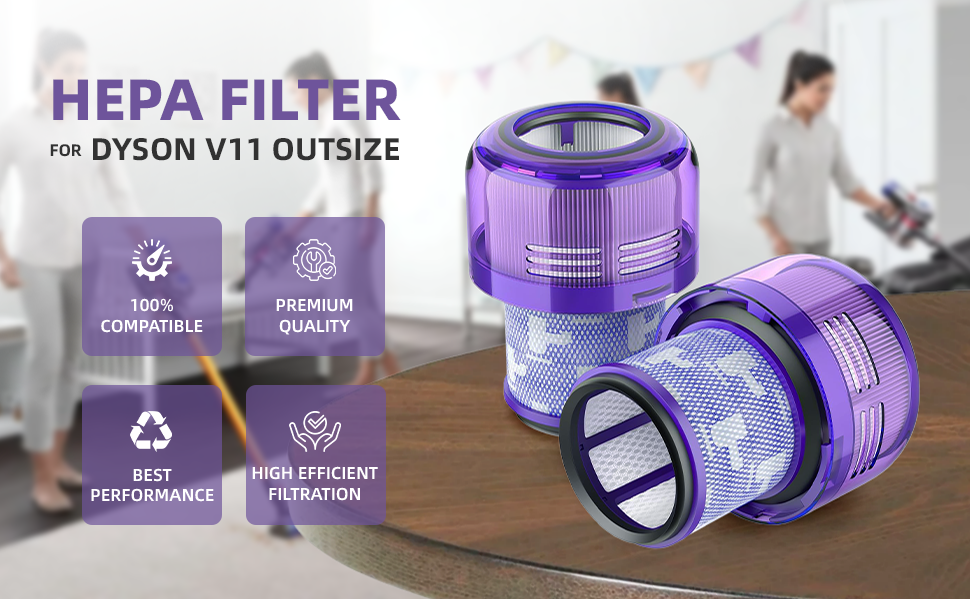 Bee Filter HEPA filter compatible with Dyson V11 Outsize, shown with feature icons
